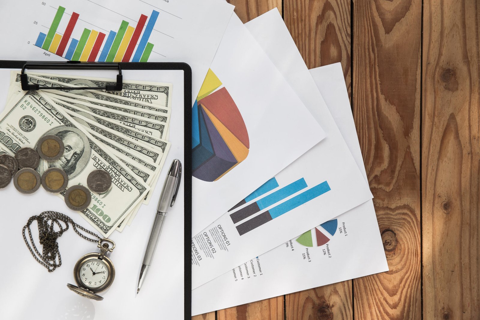 Flat lay business chart on wood background